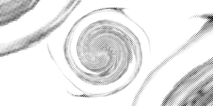 Set of dotted curved abstract shapes. Dotted pattern in halftone theme. Curved and twisted abstract gradients. Vector design element in black and white color.