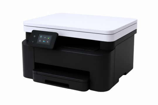 Modern Multifunction Office Printer with Digital Touchscreen Display and Paper Tray, Sleek Black and White Design