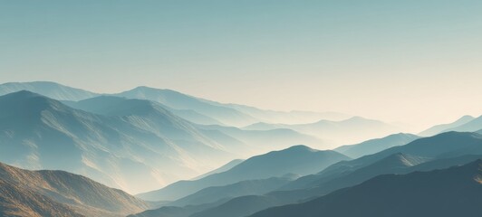 Minimalist Mountain Landscape with Misty Rolling Hills and Pale Blue Sky &ndash; Ultra Realistic 8K Nature Background