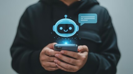 customer service automation, and modern digital communication technology.,Close-up of person using smartphone with holographic chatbot icon and message bubble, symbolizing AI virtual assistant