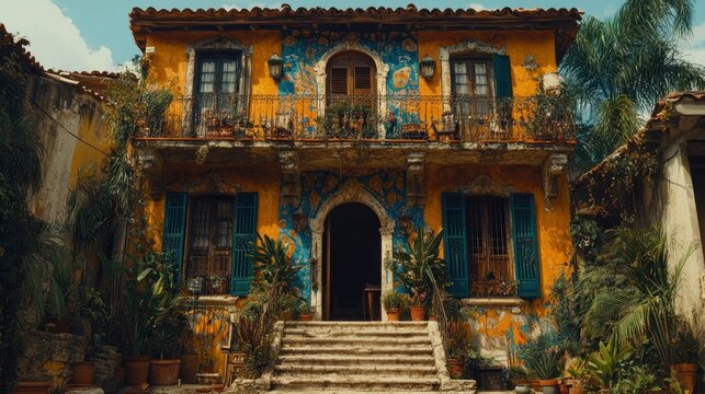 Colorful, ornate house with tiled facade