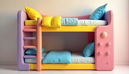 Vibrant, colorful bunk bed with pastel hues in childs room interior. Features safe ladder, comfortable mattresses, playful pillows. Ideal for kids bedrooms, nurseries, childcare centers promoting