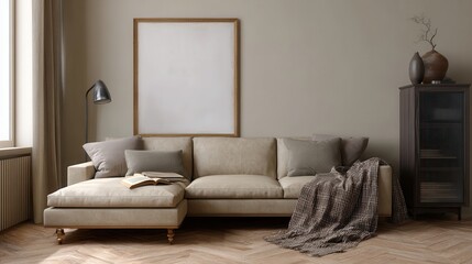 Cozy Interior Design: A modern, inviting living room design featuring a comfortable beige sectional sofa, complemented by elegant decor and a framed blank canvas.