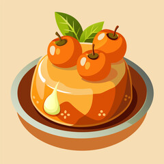 Orange dessert topped with small. round fruit with leaves on a decorative plate. Sweet treat presented on a plate with a light background. Cartoon illustration of a dessert