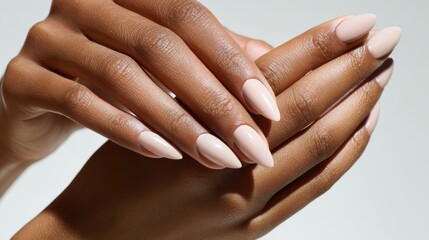 Close-up of elegantly manicured hands with long, pointed, nude-colored nails.