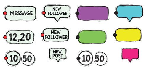 Collection of hand drawn social media notification bubbles and icons with text and numbers for digital communication and engagement