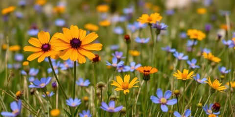 Obraz premium Vibrant meadow filled with blooming yellow and blue wildflowers on a sunny day