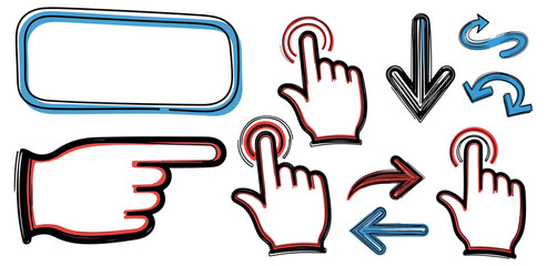 Collection of hand drawn digital interface icons including pointing fingers cursors arrows and a blank speech bubble for user interaction and web design elements