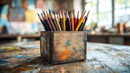 Colorful pencils in wooden box on artist's table