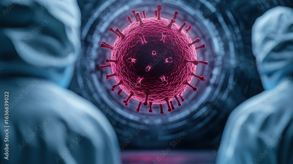 Poster scientists in protective gear observing a digital representation of a virus structure, illustrating 