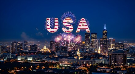 Fireworks display spelling "USA" over a city skyline at night, celebrating Independence Day.