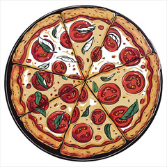 Vibrant Pizza Illustration A Delicious Culinary Delight with Fresh Tomatoes and Basil Leaves Ready to Serve