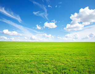 Obraz premium Wide green meadow with sky. A wide green meadow under a blue sky with scattered white clouds. The scene conveys peace and pure nature.