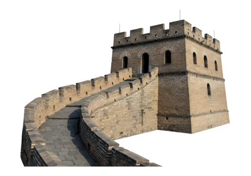 Majestic great wall of china section isolated on white or transparent background. PNG