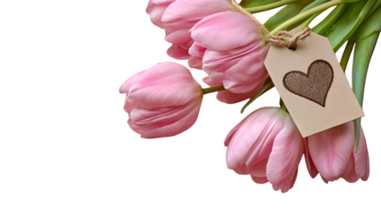 Pink tulips with heart-shaped tag on soft pink background