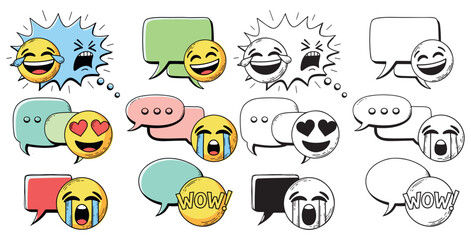 Collection of diverse cartoon emoji faces expressing laughter and joy within speech bubbles and comic style explosions