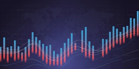 Global Market Trend - A bar chart and wave graph overlay a world map, illustrating international stock exchange and financial data