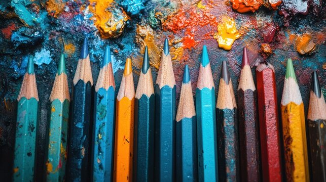 Colorful pencils on a vibrant art palette