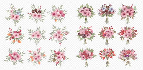 A beautiful collection of watercolor floral arrangements and bouquets with pink and red flowers, leaves, and berries on a transparent background.