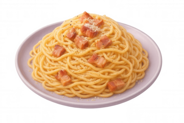 Creamy carbonara spaghetti topped with crispy guanciale, grated pecorino romano, freshly ground black pepper on pristine white ceramic plate against clean background