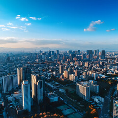 Fototapeta premium Modern City Skyline with Skyscrapers and Construction Cranes under Clear Blue Sky – Urban Architecture Photography