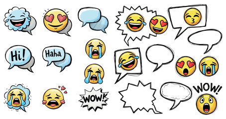 Collection of expressive cartoon emojis with speech bubbles conveying various emotions and reactions in a playful comic style