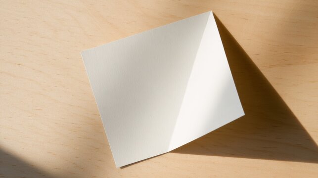 A single blank note card lies on a wooden surface, angled to the left with a shadow cast by natural light,