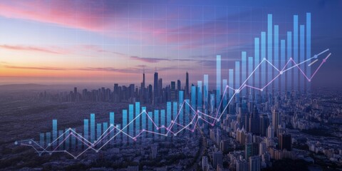 Urban Business Growth - A city skyline with a rising financial bar chart and line graphs, symbolizing economic development and urban investment