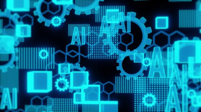 Futuristic neon blue background featuring AI typography, glowing gears, dotted patterns, and hexagonal grid. Represents artificial intelligence, automation, and advanced data processing concepts. - Powered by Adobe