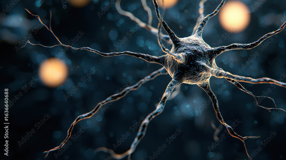 Poster detailed close-up of neuron structure with axons and dendrites, blue background with glowing particl