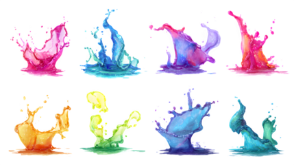 Set of colorful water splashes in different shapes on a white background