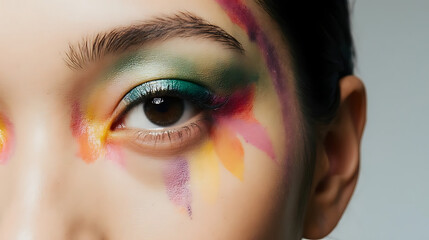 Fototapeta premium artistic portrait focusing on one eye surrounded by expressive brushstrokes of bright and contrasting colors 