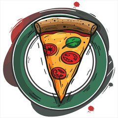 Slice of Pizza with Tomato Toppings Set Against a Boldly Illustrated Artistic Background with Dynamic Color Splashes