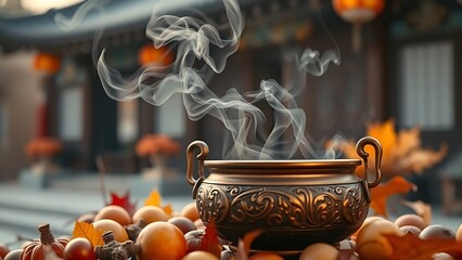 Traditional Korean rice cakes arranged on a wooden tray with pine needles, evoking autumn harvest celebrations.