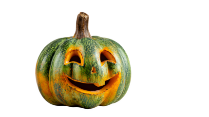 Green Halloween pumpkin with carved orange face on white background
