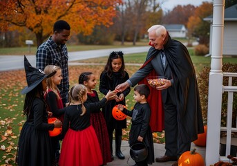 Children in Halloween costumes trick or treating receiving candy