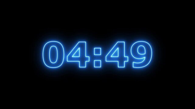 Animation of glowing neon icon ,5 minute countdown timer .5 minute stopwatch , analog icon animation .Dynamic 5 Minute Countdown Animation Engaging Timer Visuals for Events, - Powered by Adobe