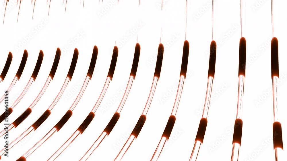 Poster an abstract composition of thin, curving orange lines with dark segments, creating a sense of depth 