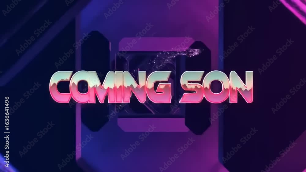 Poster futuristic coming soon announcement with animated text and geometric background display