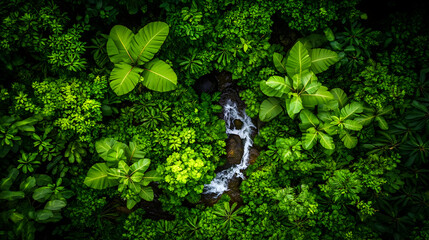 Overhead shot a tranquil stream flowing through vibrant green tropical foliage.