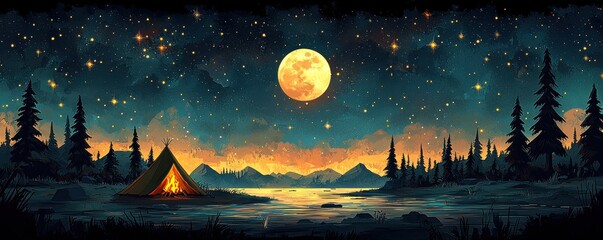 Fototapeta premium Scenic night camping by a moonlit lake under a starry sky
