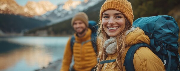 Happy couple hiking near mountain lake during a bright sunny day