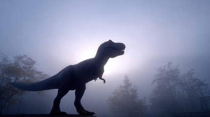 Fototapeta premium Tyrannosaurus Rex in Mist: A Tyrannosaurus Rex stands silhouetted against a misty backdrop, evoking a sense of mystery and the ancient past.