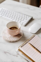 Background of keyboard coffee cup daily planner on white desk freelancer or remote worker minimalist setup