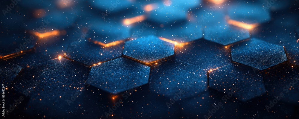 Poster hexagonal futuristic grid with glowing lights and sparkling particles