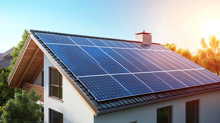 Fototapeta premium Urban home rooftop fully covered with solar panels, energy independence concept