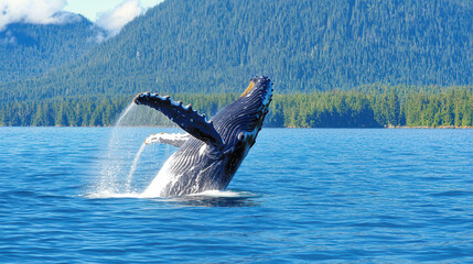 Majestic humpback whale breaching in clear blue water, surrounded by lush green mountains, creating breathtaking natural scene