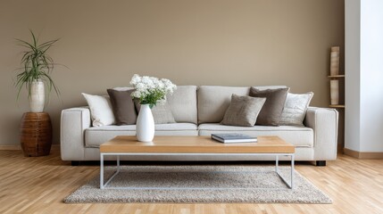 Modern beige living room interior with sofa, coffee table, and plants.