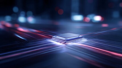 Abstract tech background AI chip and light trails business innovation and smart technology concept