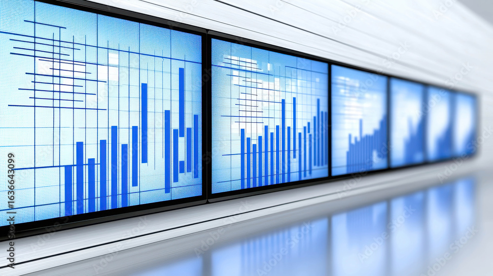 Poster modern digital display of business data and financial charts on multiple screens in a sleek office e